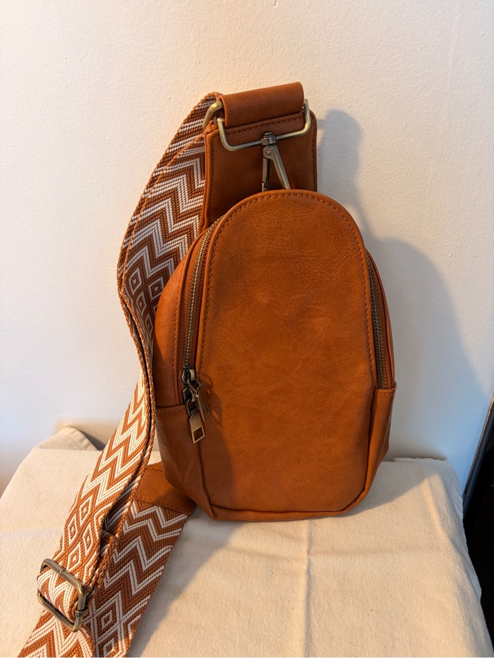 Tan Crossbody Sling Bag with Patterned Strap
